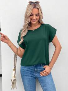 SHEIN LUNE Rolled Cuff Batwing Sleeve Blouse - Dark Green - View 5