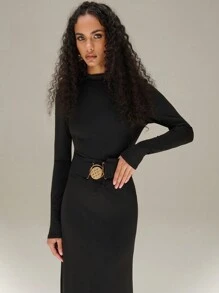SHEIN Unity High Neck Open Back Long Sleeve Dress With Waist Panel Belted Detail New Year