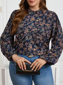 SHEIN Clasi Curvy Plus Size 女式海军蓝休闲立领荷叶小碎花灯笼袖长袖衬衫，适合秋冬季日常居家、圣诞节、新年 - 彩色 - 查看 1