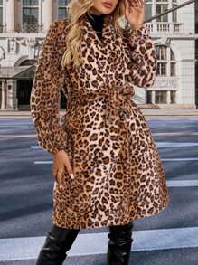 Chaqueta larga y esponjosa con estampado de leopardo de moda lujosa para mujer, abrigo elegante de alta gama grueso y cálido para otoño/invierno, para uso diario