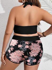 Swim Lushoire Set Bikini Femei Dimensiune Plus, Imprimare Plante Tropicale Gât Halter Despicat Vară