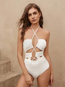 SHEIN Swim 1pc Women's Solid Color Textured Fabric Halter Backless Elegant Vacation One Piece Swimsuit Summer