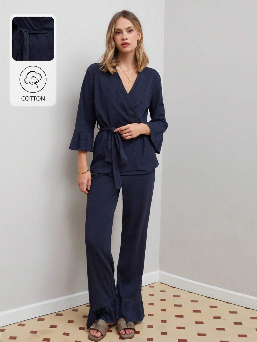 RueChic Bộ đồ mặc nhà 2 chiếc áo hai dây cotton có chi tiết xếp nếp - Màu xanh hải quân - Xem 1