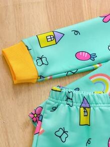 4 件套年轻女孩卡通兔子和花卉印花舒适圆领长袖运动衫 + 慢跑裤套装，儿童休闲甜美风格服装，春秋