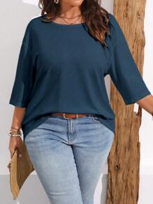 Áo thun cổ tròn màu trơn cỡ lớn thường ngày - Màu xanh hải quân - Xem 2