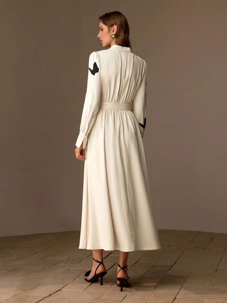 MOCK NECK EMBROIDERY BUTTERFLY PATTERN LONG DRESS