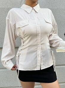 Flirla Plus Size Women Collared Slim Fit Button Down Long Sleeve Striped Cinched Waist Waist Bowknot Decorative Pockets Shirt Blouse, Autumn & Winter - White - View 4