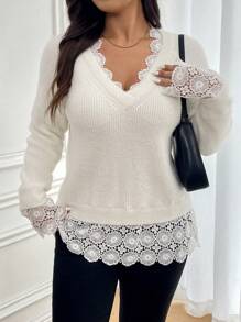 SHEIN Frenchy Plus Size V-Neck Lace Patchwork Pullover Sweater, Casual Style, For Winter Fall/Winter - White - View 5