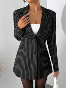 SHEIN SXY 优雅的黑白条纹西装外套，适合秋冬季派对和舞会 - 黑色 - 查看 4