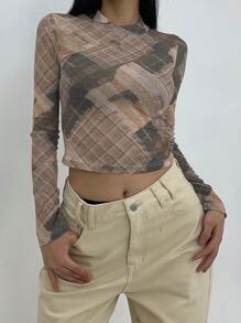 DAZY 女式格子印花圆领长袖短款时尚衬衫，秋季 - 彩色 - 查看 4