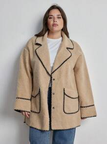Aveloria Plus Size French Chic Versatile Turndown Collar Contrast Color Shell Embroidery Faux Pocket Jacket 