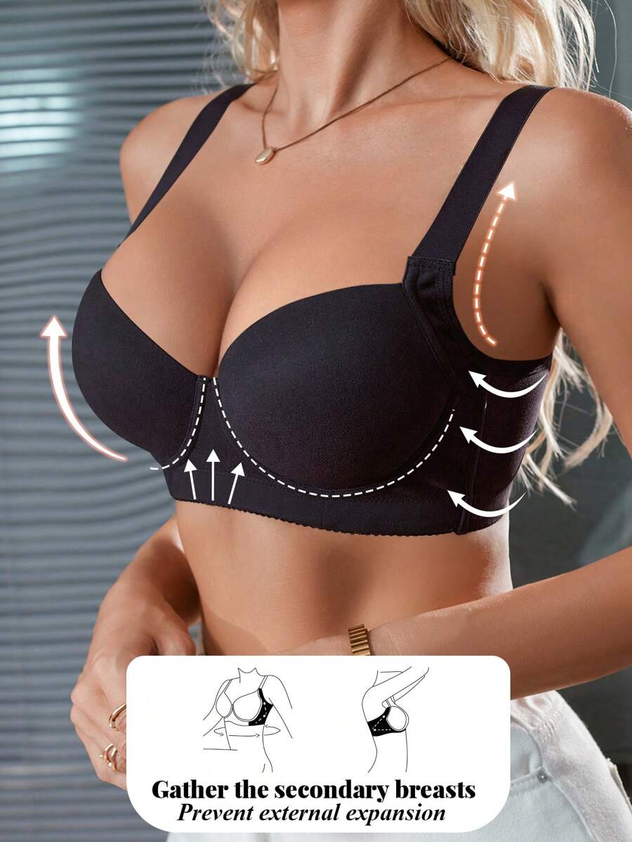 DesireSculpt 1pc Women's Black Seamless Wide Strap Sports Bra With Wire, Supportive And Slimming - Black - View 1