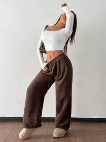 SHEIN PETITE Women's Autumn And Winter Street Fashion Casual Retro Corduroy Textured Baggy Pants