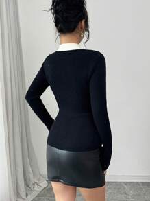 Elenzga Women Slim Fit Tie Neck Pullover Sweater Knit Pullover Fall Winter - Black - View 2