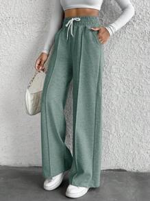 Cottnline Petite Drawstring Waist Wide Leg Pants - Mint Green - View 3