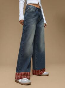 Forever 21 新款复古洗水格子拼接高腰宽松阔腿圣诞风牛仔裤，秋冬 - 藍色 - 查看 3