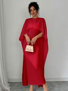 Elenzga Abito elegante da donna monocolore con maniche a pipistrello, collo rotondo, vestito da sera formale per Capodanno, abito lungo da donna