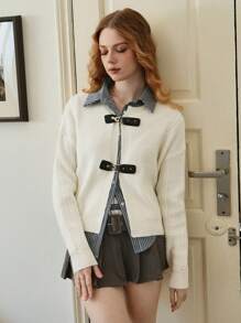 SHEIN MOD Women Knitted Cardigan,Retro Style Apricot Button Decor Coat,White And Black,Autumn,Elegant And Classy,School,Back-To-School,Urban Chic Casual Jacket - Apricot - View 6