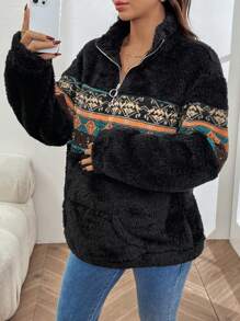 SHEIN Fair Isle Print Color-Block Bubble Fleece Casual Maternity Hoodie