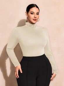 SHEIN SXY Plus Size Solid Color Slim Fit High-Necked Long Sleeve All-Match T-Shirt Basic Tees Fall - Beige - View 2