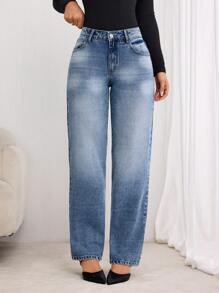 SHEIN LUNE 女士休闲水洗斜口袋直筒牛仔裤