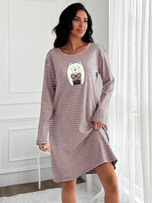 SHEIN Cottnline Váy ngủ trễ vai họa tiết sọc và hoạt hình 100% cotton - Màu Hồng baby - Xem 3