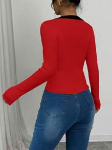 Elenzga 1 pieza Suéter sencillo de mujer con mangas largas, decoración de lazo y bloque de color, casual para usar diariamente, ropa para Año Nuevo