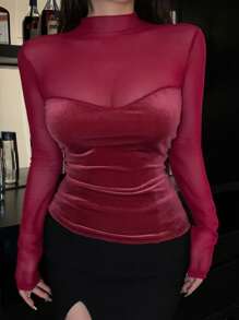 DAZY Women Sexy Long Sleeve Mesh Contrast Silky Form-Fitting T-Shirt, Autumn