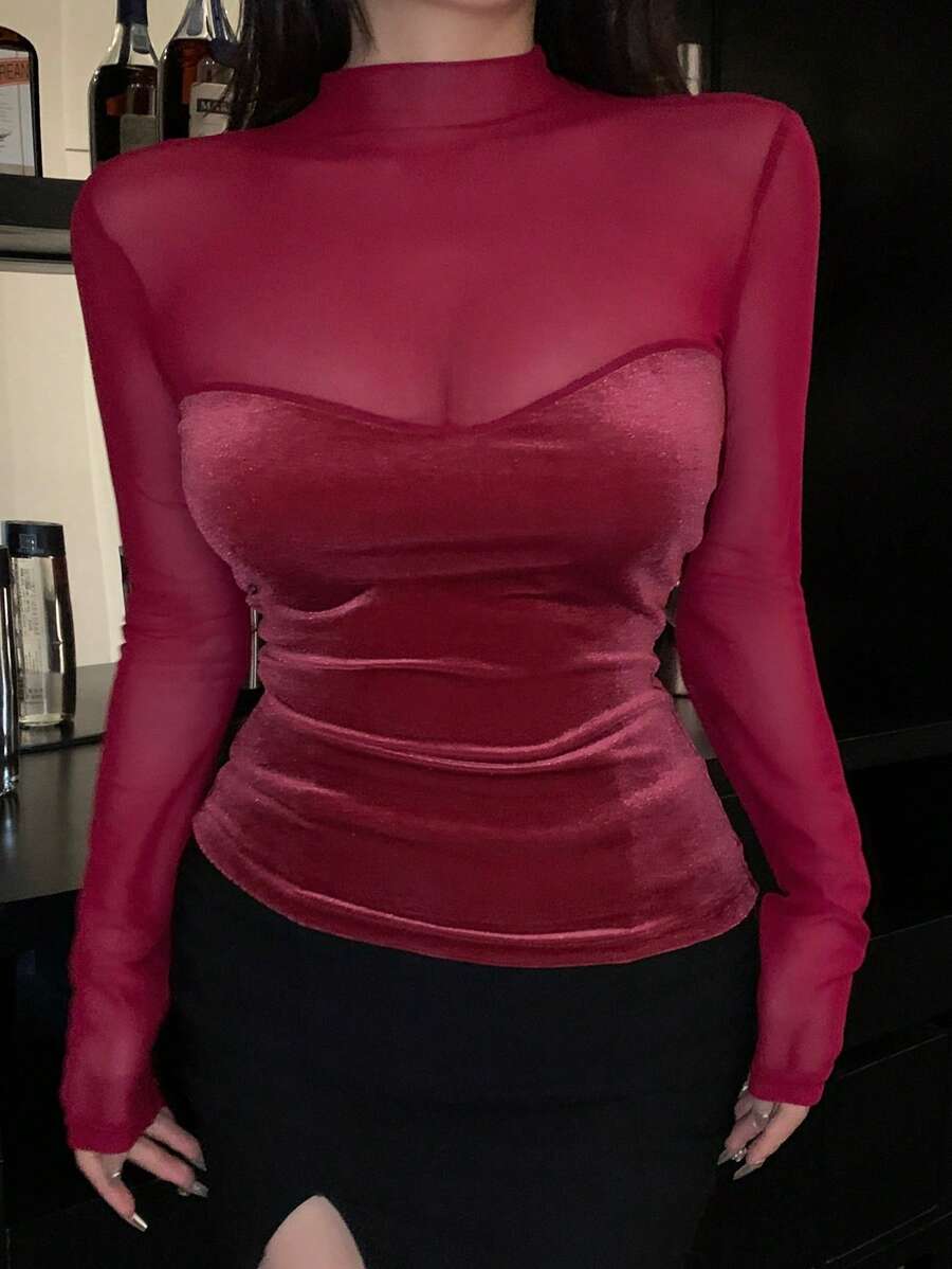 DAZY Women Sexy Long Sleeve Mesh Contrast Silky Form-Fitting T-Shirt, Autumn