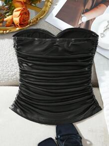 SHEIN VCAY 圣诞节华丽闪亮派对服装、派对女王、性感成熟服装、黑色 PU、秋冬、女士纯色简约性感时尚抹胸上衣 - 藍白色 - 查看 2