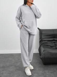 RueChic Cotton Plus Kangaroo Pocket Drop Shoulder Hoodie & Sweatpants - Grey - View 4