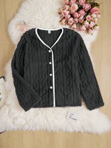 1 件纯色提花前开单排扣撞色饰边衬衫 - 灰色 - 查看 1