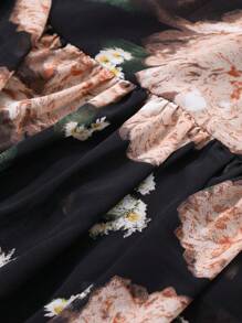 xheDAZY Vestido de gasa con estampado floral diminuto, cuello cuadrado, ribete de volantes y bajo de cola de pez, elegante conjunto de vacaciones de verano para mujeres, estilo boho para Pascuaxhe - Rosa Oxidada - Ver 10