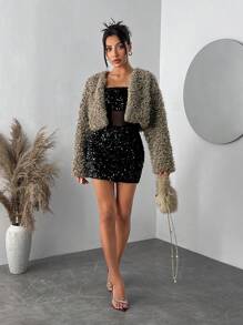 SHEIN SXY 新年优雅性感夜店必备情人节休闲棕色短长袖保暖卷毛仿皮草外套 - 紅白色 - 查看 3