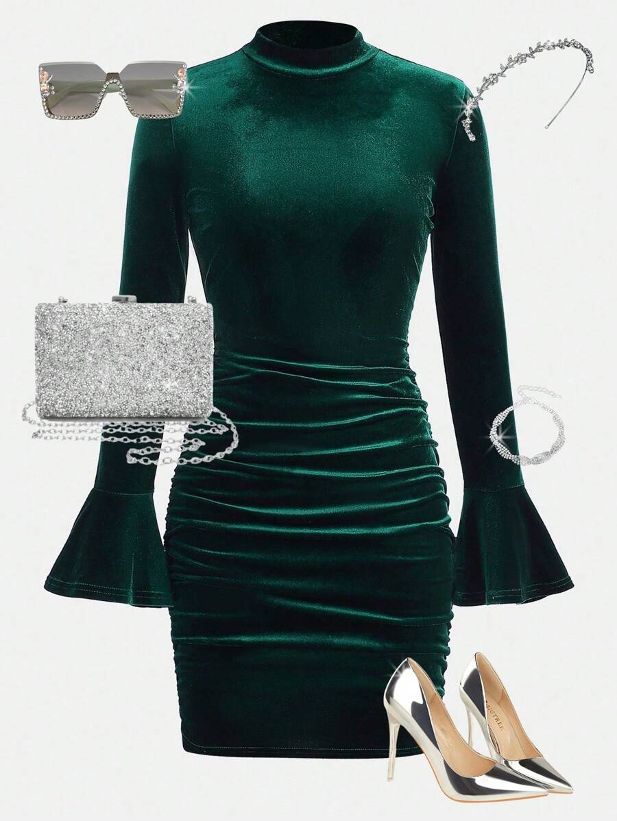 Girlism Teenage Girls' Holiday Party Dress, Solid Color Velvet Ruched Ruffle Flare Sleeve Elegant Dress - Dark Green - View 1