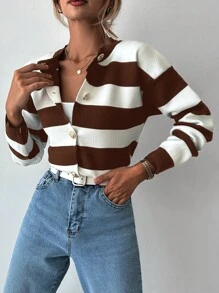 EURMUSE Damen lässiger Alltags Farbblock Streifen Knopfverschluss Pullover Strickjacke - Braun - Übersicht 4