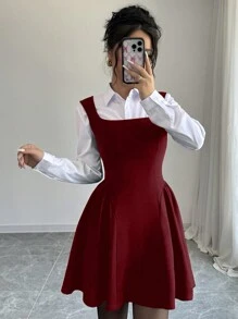 Selianne 新款女士方领无袖 A 字褶皱下摆连衣裙，高弹力纹理面料纯色，时尚年轻合身通勤休闲百搭腰部修身，优雅精致，适合春夏秋冬勃艮第色女装情人节 - 酒紅色 - 查看 7