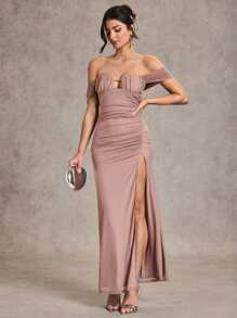 SHEIN BAE Autumn/Winter Solid Color Purple, Purplish Gray, Lotus Root Pink Fitted Ruched Long Sleeve Dress, Suitable For Graduation Party, Formal Occasions, Cocktail Party, Romantic Date, Autumn/Winter Underdress, Gathering Party, Nightclub Party, Formal Gathering, Bridesmaid Mini Dress, Evening Dress, Halloween Dress, Christmas Dress