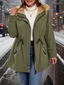 SHEIN Clasi 大码蓬松领连帽加厚棉服 - 軍綠色 - 查看 10