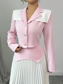 Elenzga Set de 2 piezas para mujer con blusa con bloques de color contrastantes y decoración de botones, y falda plisada de color liso - Rosa - Ver 6