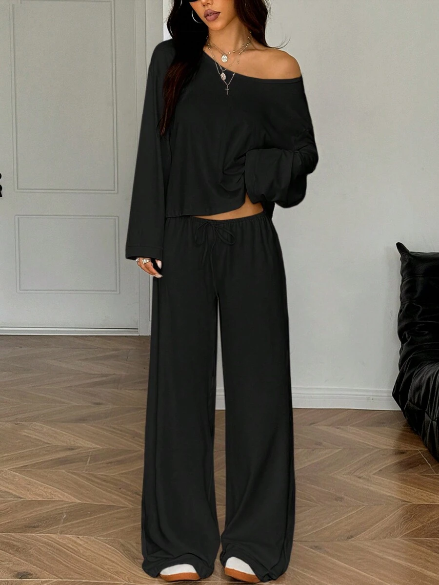 SHEIN EZwear 2 件套女士休闲纯色不对称领长袖上衣和系带长裤套装,秋季 - 黑色 - 查看 1
