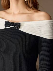 MOTF PREMIUM WOOL CONTRAST FOLDOVER OFF SHOULDER BEADED BOW DETAIL RIB-KNIT DRESS WITHOUT BELT - Black and White - View 3
