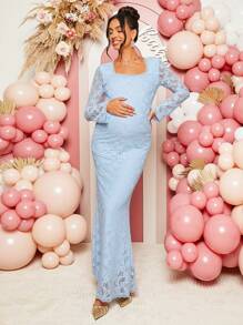 Loomaby 孕妇方领长袖鱼尾下摆修身优雅连衣裙，适合迎婴派对，适合孕妇 - 藍色 - 查看 4