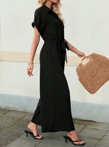 INAWLY Women's Casual Solid Color Drawstring Waist Short Sleeve Jumpsuit, Summer