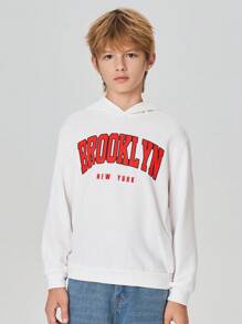 SHEIN Moletom com capuz casual solto com estampa de letras para meninos pré-adolescentes, adequado para uso diário na primavera/outono