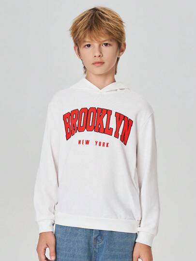 SHEIN Sudadera holgada con estampado de letras para niño preadolescente, adecuada para uso diario en primavera/otoño