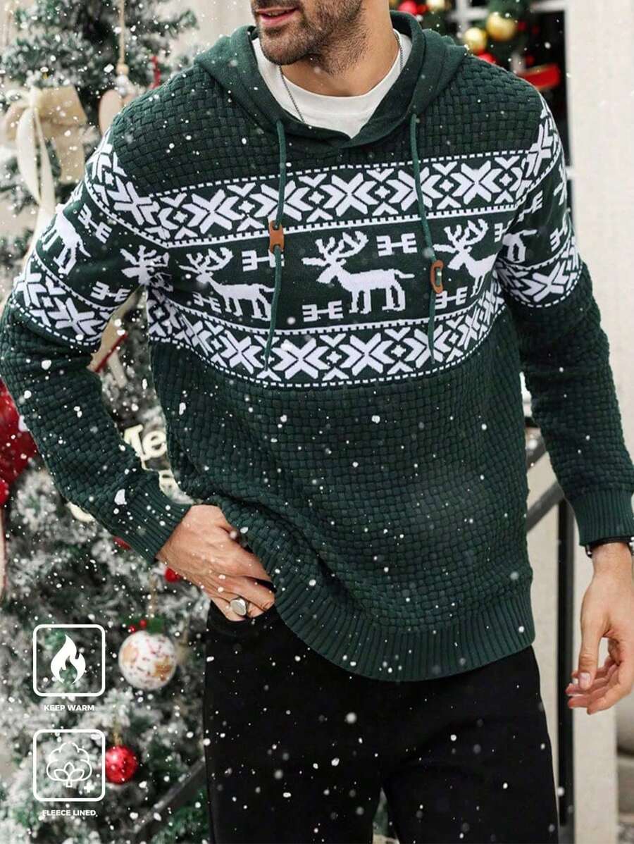 Manfinity CityGents Men's Casual Christmas Geometric Graphic Print Color Block Pullover Hooded Long Sleeve Sweater, Autumn/Winter Christmas Sweater, For Party, Friends - Green - View 1