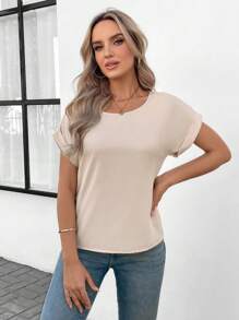 SHEIN LUNE Áo cánh tay cuộn trơn, Áo tay ngắn - Màu be - Xem 3