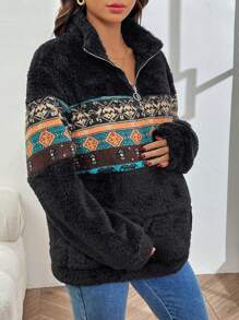 SHEIN Fair Isle Print Color-Block Bubble Fleece Casual Maternity Hoodie