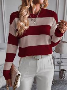 SHEIN LUNE Áo len nữ tay dài cổ tròn, tay trễ vai, kẻ sọc, kiểu dáng thường ngày, thích hợp cho mùa thu/đông. - Nhiều màu - Xem 7